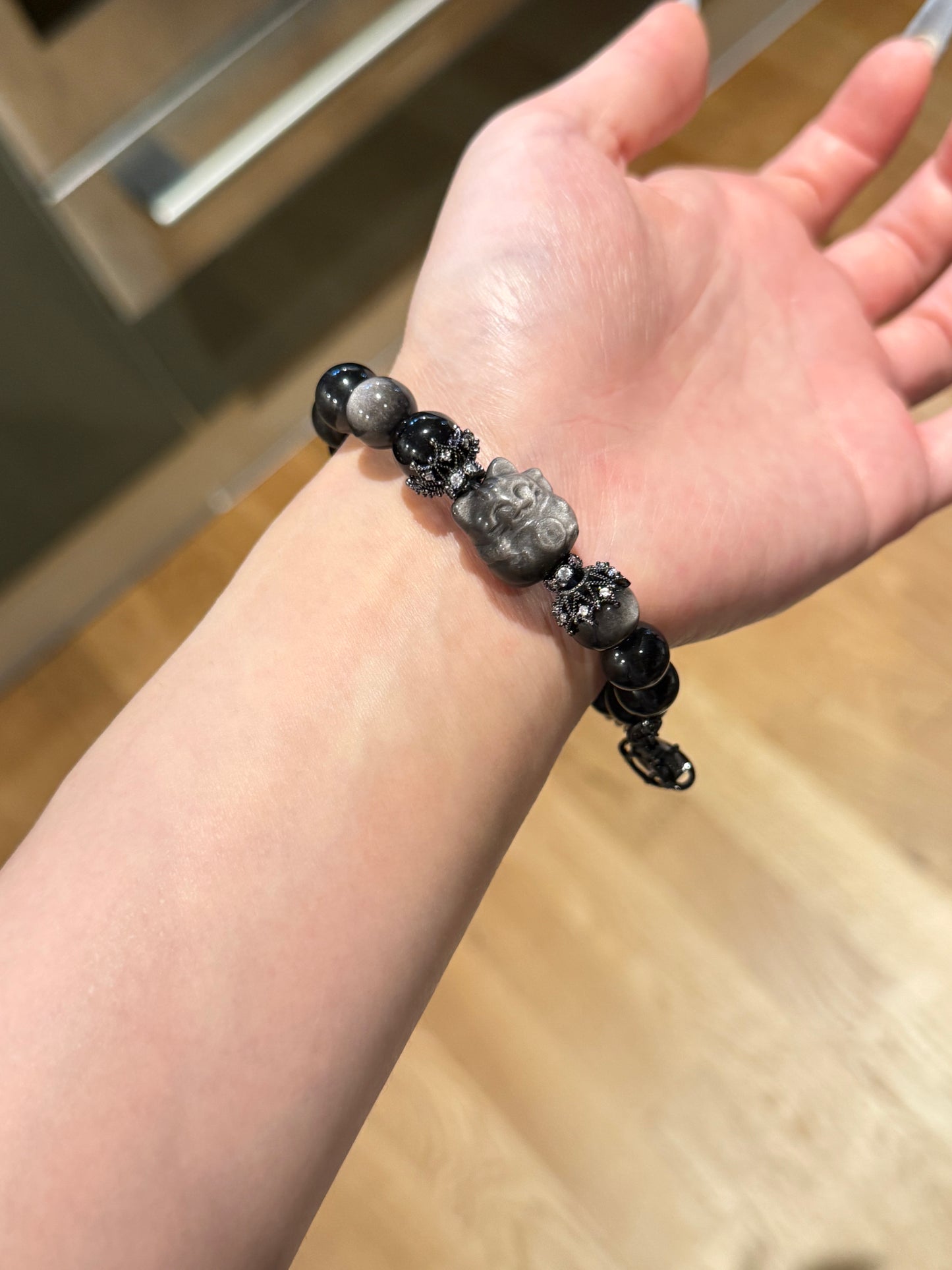 Silver Obsidian with Lucky Cat Bracelet