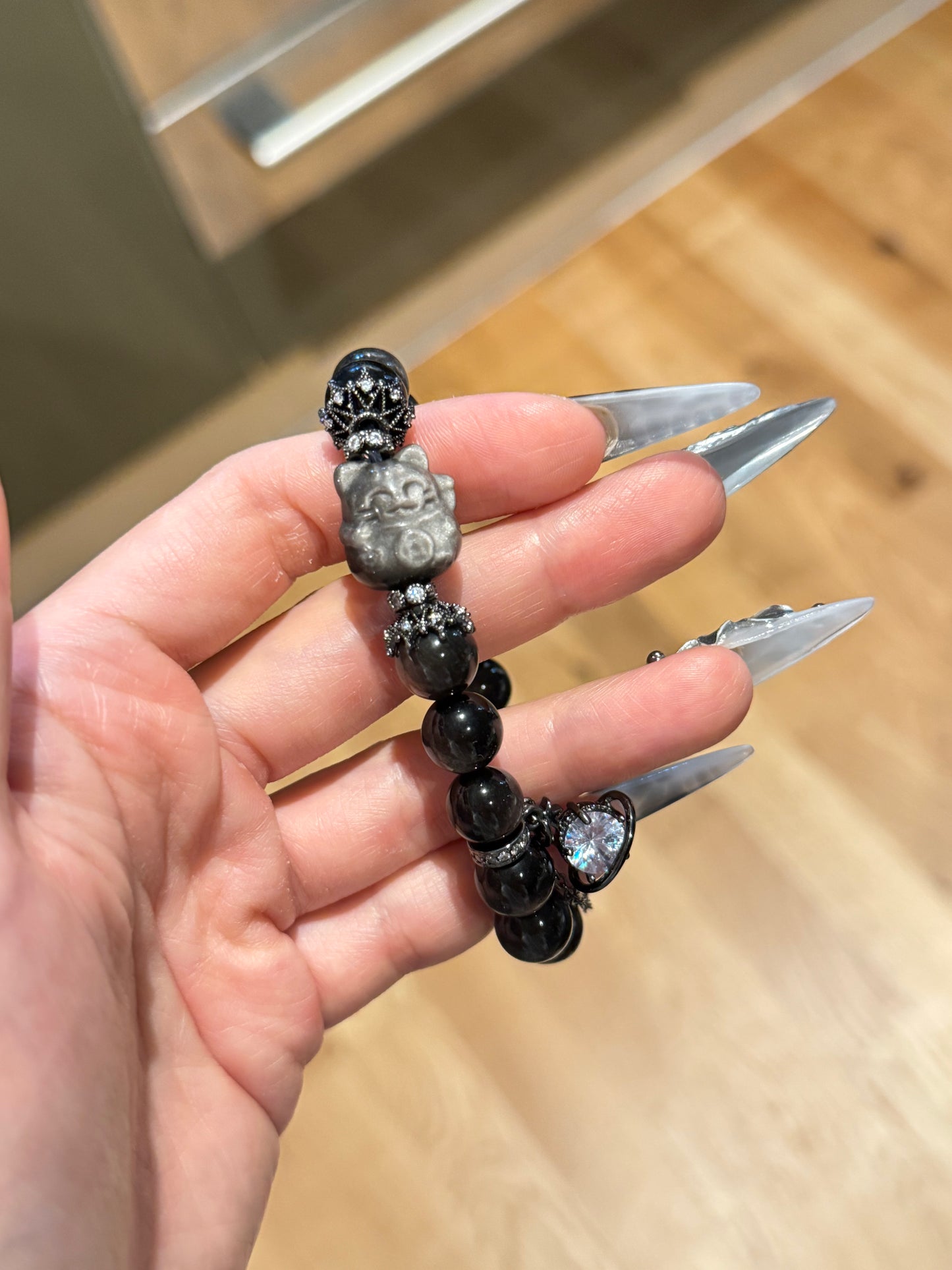 Silver Obsidian with Lucky Cat Bracelet