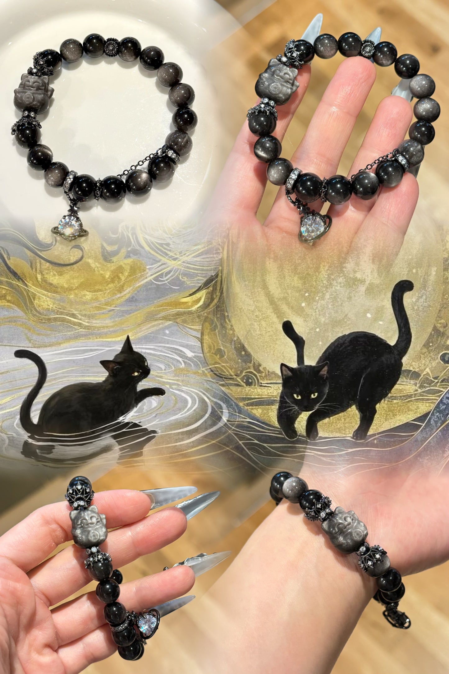 Silver Obsidian with Lucky Cat Bracelet