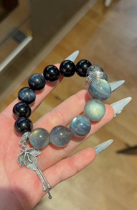 Blue Tiger’s Eye and Gray Moonstone Bracelet