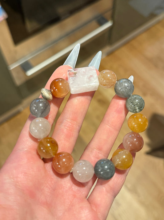 Coloured Rabbit Fur with White Phantom Crystal bracelet