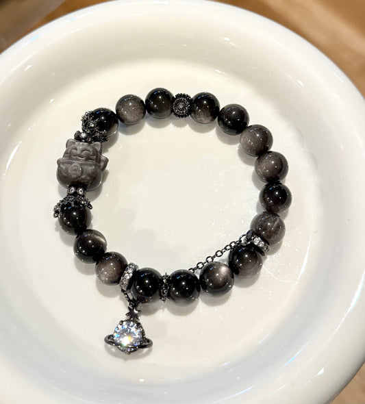 Silver Obsidian with Lucky Cat Bracelet