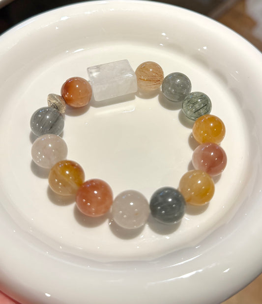 Coloured Rabbit Fur with White Phantom Crystal bracelet