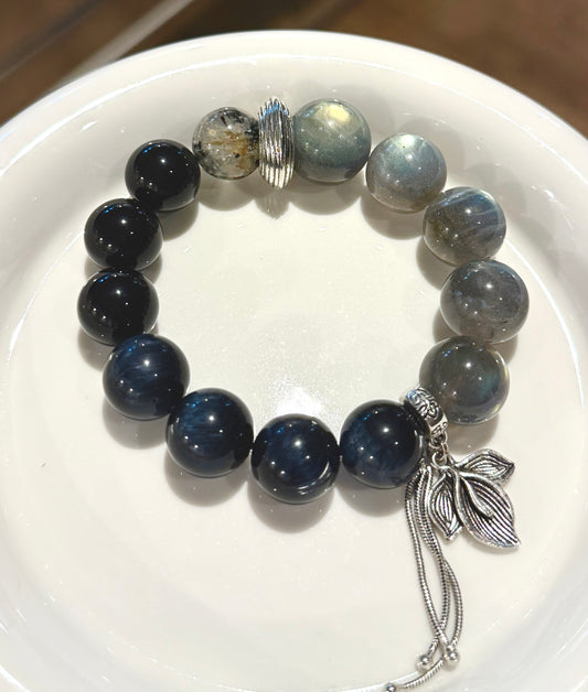 Blue Tiger’s Eye and Gray Moonstone Bracelet