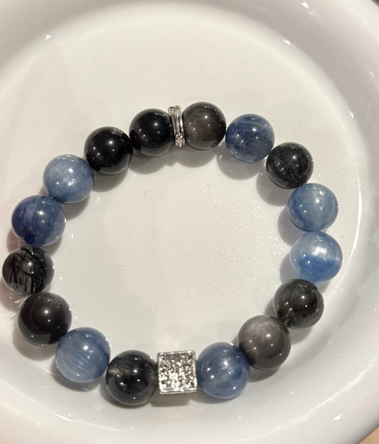 Kyanite | Silver Obsidian | Black Rutilated Quartz Bracelet